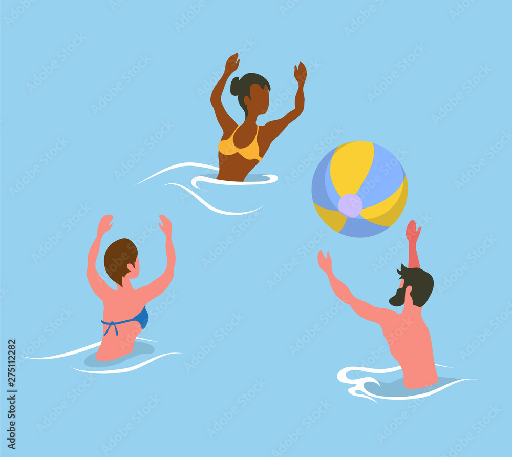 Man tossing big colorful ball, women catching rubber round, water activity. Portrait and back view of friends wearing swimsuit, splashing in sea vector Man tossing big colorful ball, women catching rubber round, water activity. Portrait and back view of friends wearing swimsuit, splashing in sea vector