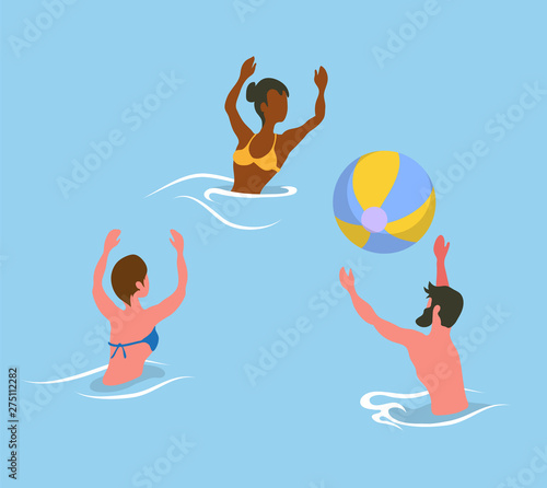 Man tossing big colorful ball, women catching rubber round, water activity. Portrait and back view of friends wearing swimsuit, splashing in sea vector