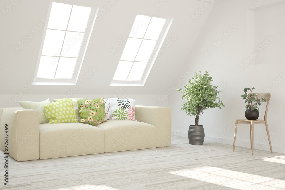 Fototapeta premium Stylish room in white color with sofa. Scandinavian interior design. 3D illustration