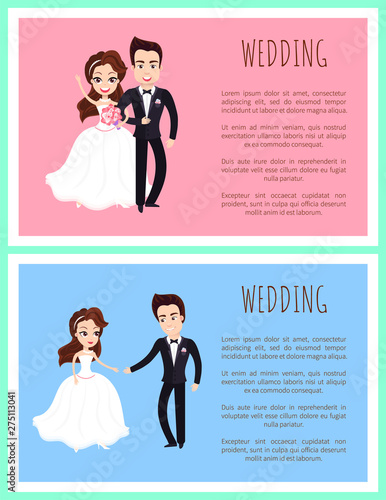 Happy newlywed couple dancing first dance and standing together with bouquet of flowers. Vector just married husband and wife in wedding dresses