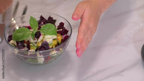 Diet concept. A woman eating salad