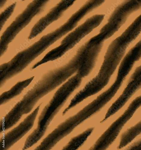 Tiger animal watercolor print with stripes. Seamless pattern