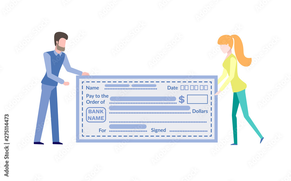 Man and woman holding finance ticket, form filling template. People with big empty account, payment card, blue blank, pay and order, dollars vector Man and woman holding finance ticket, form filling template. People with big empty account, payment card, blue blank, pay and order, dollars vector
