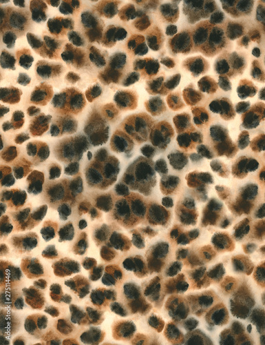 Seamless leopard fur black and brown watercolor pattern. Animal print.