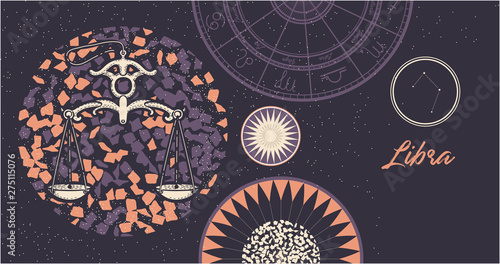 Zodiac sign Libra. The symbol of the astrological horoscope. Hand-drawn illustration. Horizontal banner. Template for postcard, brochure, page, booklet.