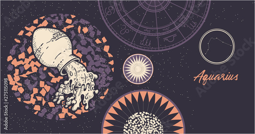 Zodiac sign Aquarius. The symbol of the astrological horoscope. Hand-drawn illustration. Horizontal banner. Template for postcard, brochure, page, booklet.
