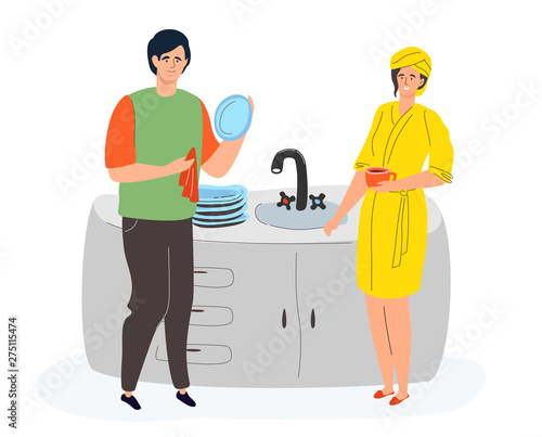 A couple in the kitchen - colorful flat design style illustration