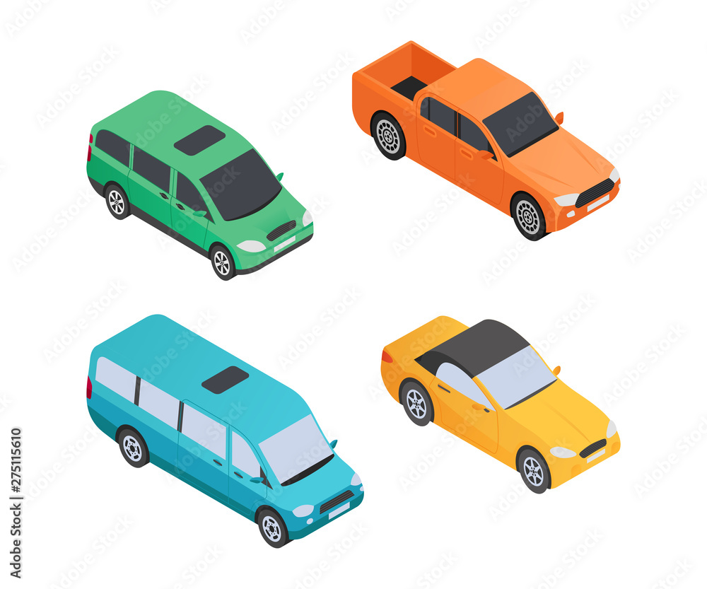 Fototapeta Rodzaje pojazdów - nowoczesne wektor izometryczny kolorowe elementy