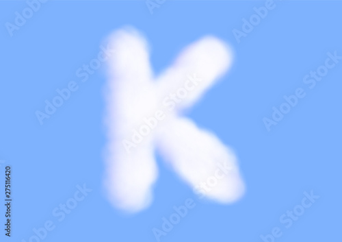 Consonant realistic white cloud vectors on blue sky background, Beautiful air cloud typeface, Typography of the capital letter K as fluffy white like cotton wool