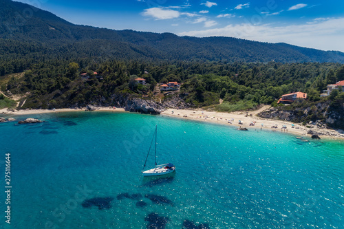 View of Fava Beach at Chalkidiki, Greece at summertime. Aerial Photography.