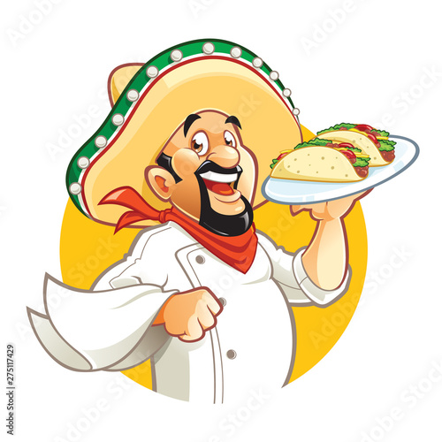 Mexican chef holding plate with tacos