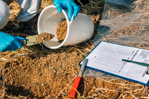Canvas Print Soil Testing. Agronomy Inspector Taking Soil Sample