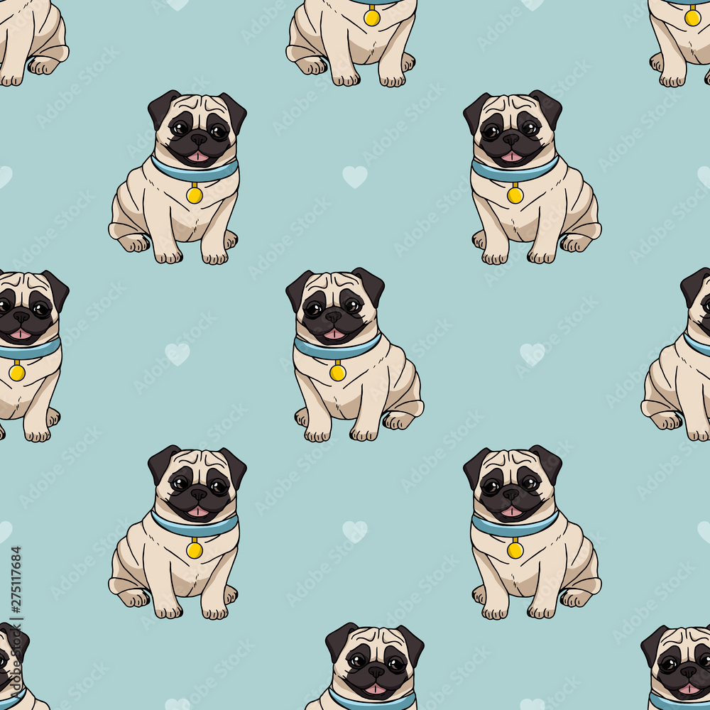Seamless pattern with cute sitting pugs wearing blue collar and medal ...