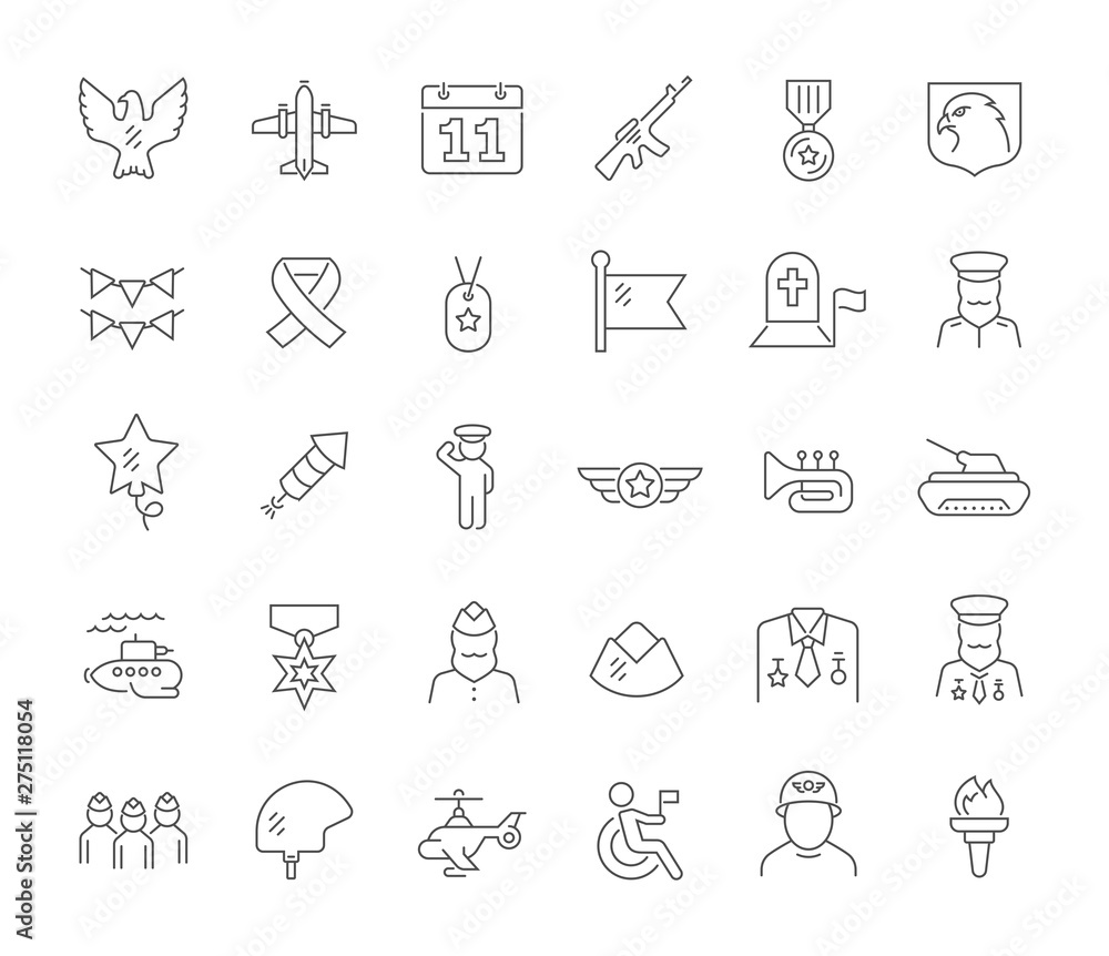 Set Vector Line Icons of Veterans Day