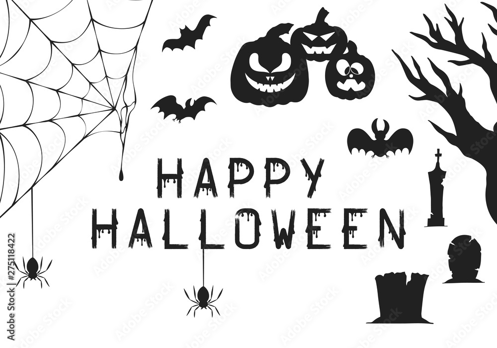 Halloween party invitation and greeting card background. Vector isolated spooky pumpkins, cemetery, spiderweb and graves.