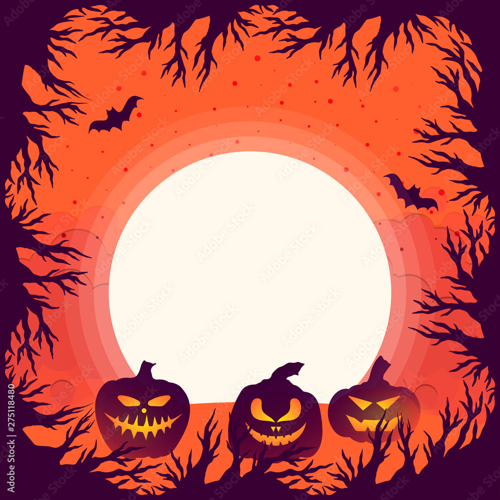 Halloween spooky branch frame with pumpkins and bats under the moon. Vector isolated horror night illustration. Halloween spooky branch frame with pumpkins and bats under the moon. Vector isolated horror night illustration.