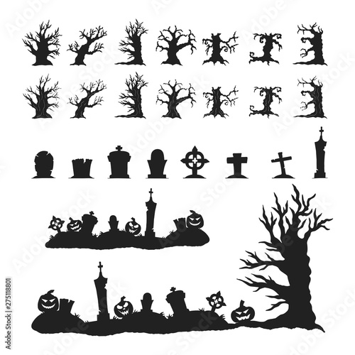 Black Halloween silhouettes of forest trees with spooky branches,  tombstones, crosses and gravestones. Cemetery or graveyard border.