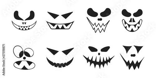 Halloween collection of jack o lantern spooky smiling faces. October party scary cartoon clipart for pumpkin.