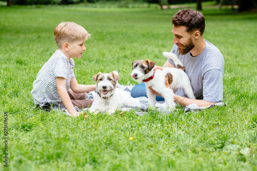 Obraz premium Beard man cynologist with little boy son lying playing relaxing on a green grass with two dogs at green park summer time. Family, pet, team, friendship domestic animal and people concept