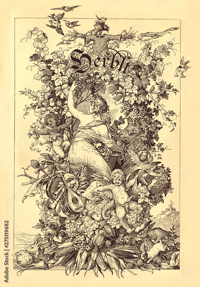 Naklejka premium vintage chapter decoration: autumn season with Herbst written in old German characters, a cute girl stealing grapes, puttos, a scarecrow,bunnies and triumph of seasonal plant, flowers and crops