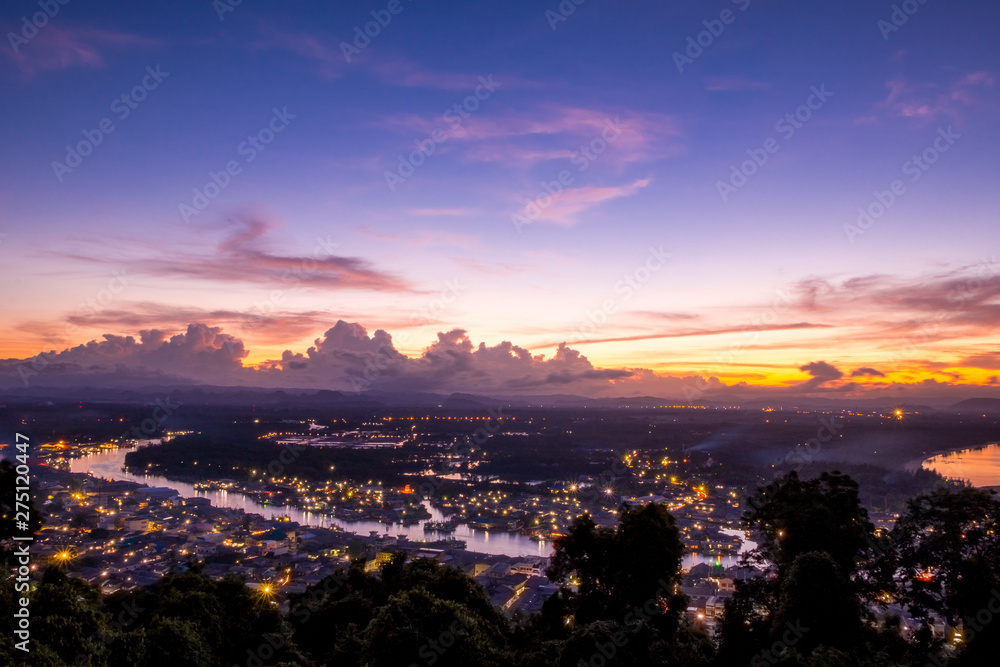 Defocus Effect The Cityscape and Beautiful Scenery Sky Sunset Colorful at Pak Nam Chumphon , Thailand. 