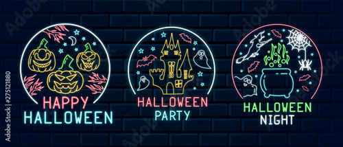 Halloween neon signs with pumpkins, hanted house, potion, witch, ghosts, spider and bats in the sky for october 31 night. Vector horror glowing signboard. Club invitation holiday shining banner.