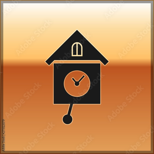 Black Retro wall watch icon isolated on gold background. Cuckoo clock sign. Antique pendulum clock. Vector Illustration