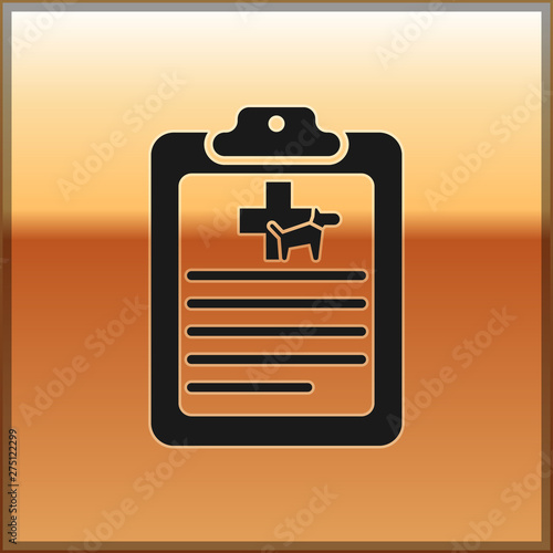 Black Clipboard with medical clinical record pet icon isolated on gold background. Health insurance form. Medical check marks report. Vector Illustration