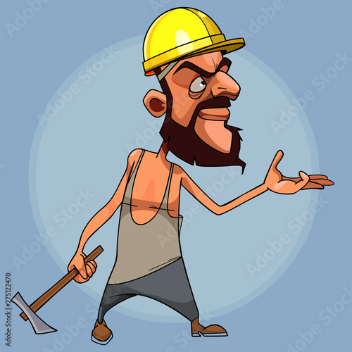 cartoon bearded male builder in helmet and with hammer in hand shows to the side