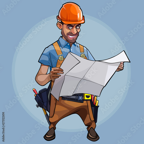 cartoon male construction engineer examines blueprints on blue background