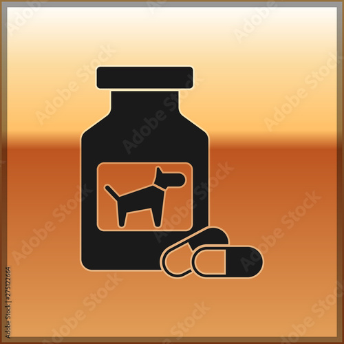 Black Dog medicine bottle and pills icon isolated on gold background. Container with pills. Prescription medicine for animal. Vector Illustration