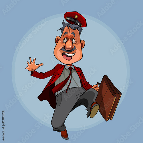 cartoon man in a postman clothes with a briefcase in his hand runs away in fright