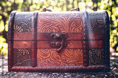 Wooden mystery box with fine beautiful carvings and decorations placed on the ground in nature with a blurred background – Small chest for storing jewelry