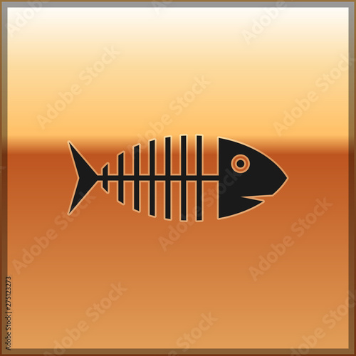Black Fish skeleton icon isolated on gold background. Fish bone sign. Vector Illustration