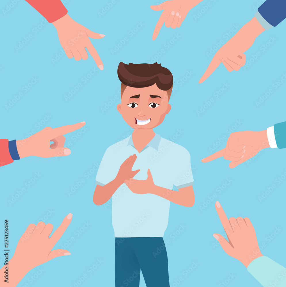 Man or boy is praised, approved, admire him. Happy person on blue background. Man or boy is praised, approved, admire him. Happy person on blue background.