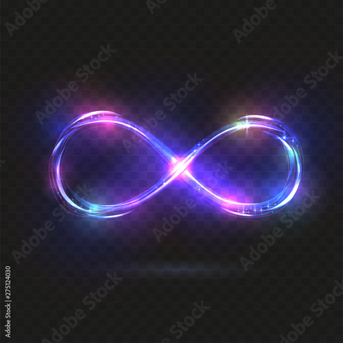 purple shining infinity symbols. Blue and violet bright signs. Dynamic scintillating lines. Design elements. Vector illustration.