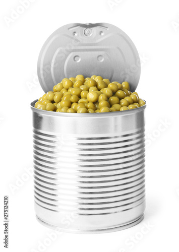 Open tin can of peas isolated on white