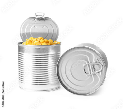 Tin cans of corn isolated on white