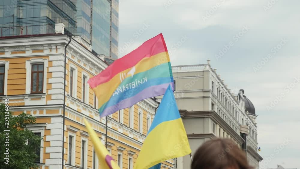 Close-up view of rainbow color flag at the annual Pride Parade LGBT ...