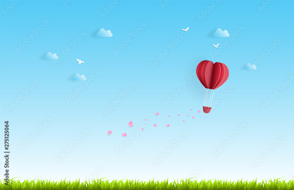 Obraz premium Balloon flying over Cloud with pink heart float on the sky. and scatter pink heart in the sky, vector art and illustration of love and valentine Digital paper craft style.