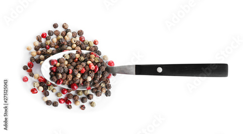 Spoon of mixed peppercorns isolated on white, top view