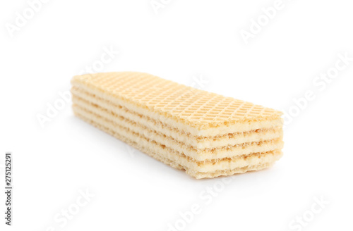 Delicious crispy wafer on white background. Sweet food photo