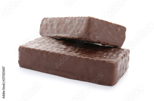Delicious wafer sticks with chocolate coating isolated on white