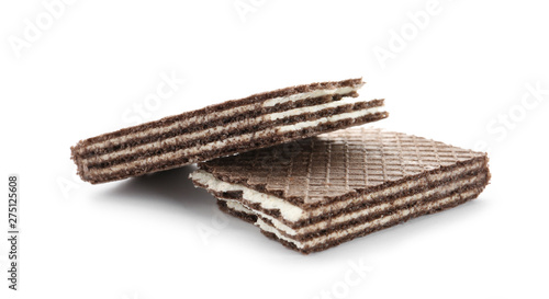 Halves of chocolate wafer stick isolated on white