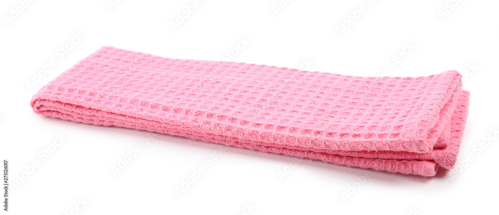 Folded pink kitchen towel on white background