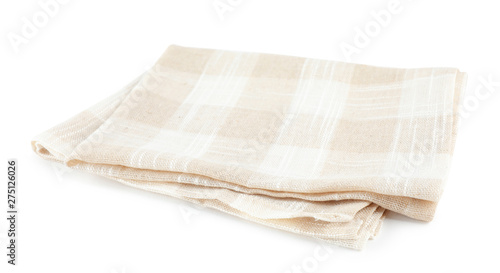 Folded checkered kitchen towel on white background