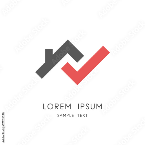 Home check logo - house roof with chimney and red check mark or tick symbol. Real estate and realty vector icon.