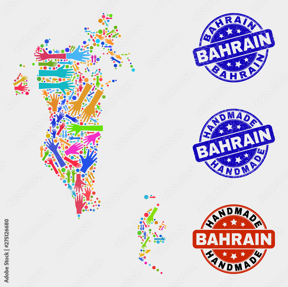 Vector handmade combination of Bahrain map and textured seals. Mosaic Bahrain map is constructed of random bright colored hands. Rounded seals with distress rubber texture.
