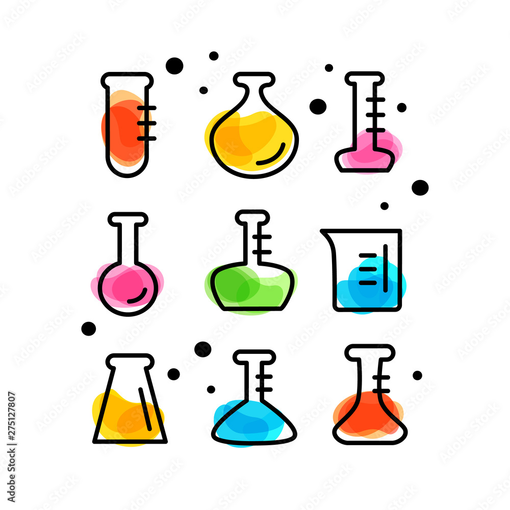 Vector icon set with laboratory test tubes. Outline and color. Vector icon set with laboratory test tubes. Outline and color.
