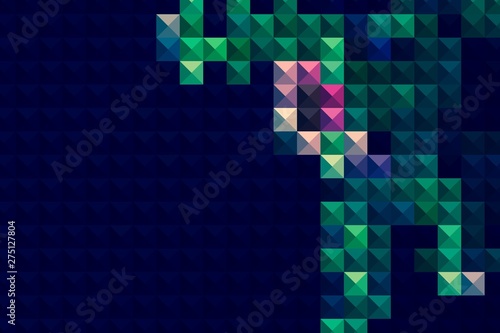 Abstract background with geometric design. Digital futuristic element. Technology. Macro flower cactus. Floral wallpaper. Colorful green blue pink red. Dark background. Color palette.